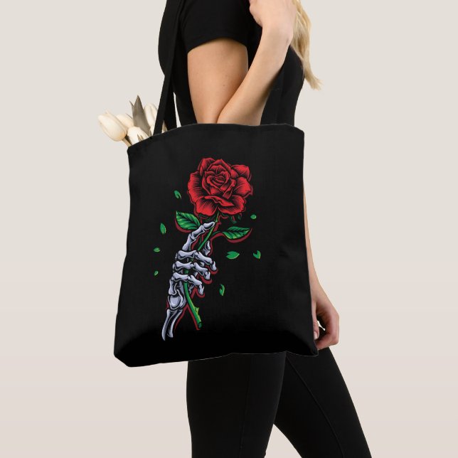 Skeleton Hand Red Rose Flower Tote Bag (Close Up)