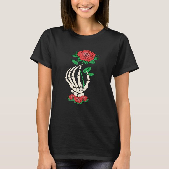 Skeleton Hand Red Rose Flower Valentine's Day Love T-Shirt (Front)