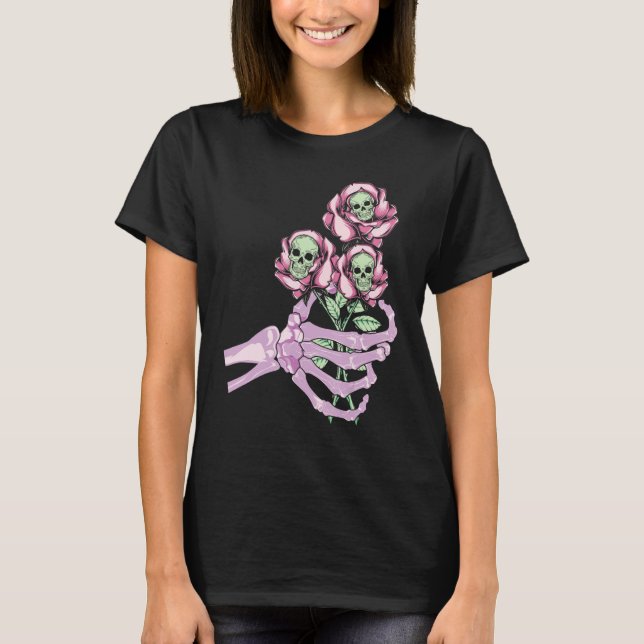 Skeleton Hand Skull Pastel Roses Graphic Valentine T-Shirt (Front)