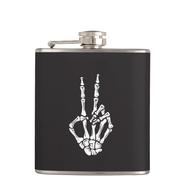 Skeleton Hand with Peace sign on a  Hip Flask (Front)