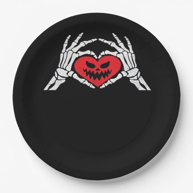 Skeleton Hands A Heart Spooky Halloween Paper Plate (Front)