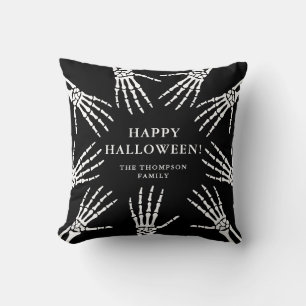 Skeleton Hands Family Name Happy Halloween Black Throw Pillow