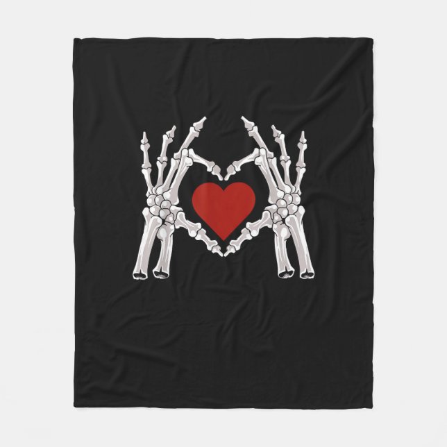 Skeleton Hands Form A Heart With Red Heart Fleece Blanket (Front)