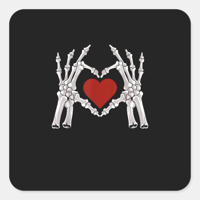 Skeleton Hands Form A Heart With Red Heart Square Sticker (Front)