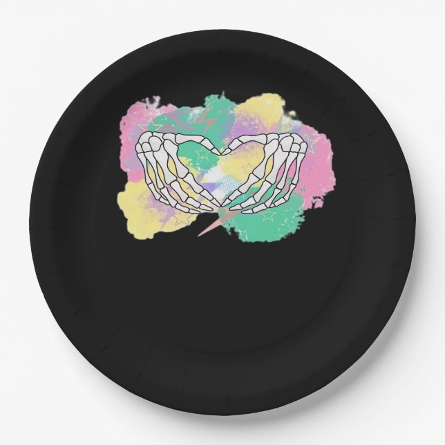 Skeleton Hands Heart With Abstract Coloured Backgr Paper Plate (Front)