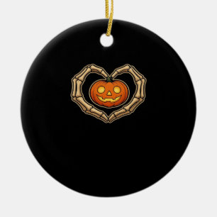 Skeleton Hands Heart With Pumpkin Cute Spooky Hall Ceramic Ornament