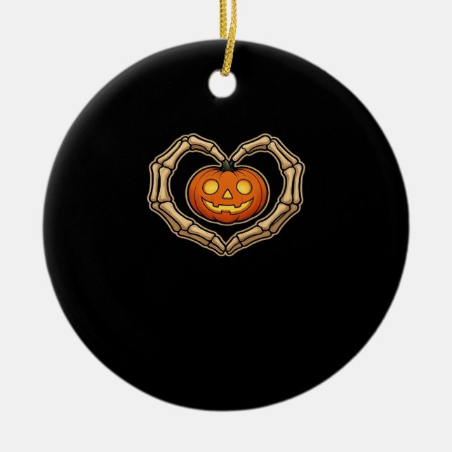 Skeleton Hands Heart With Pumpkin Cute Spooky Hall Ceramic Ornament (Front)