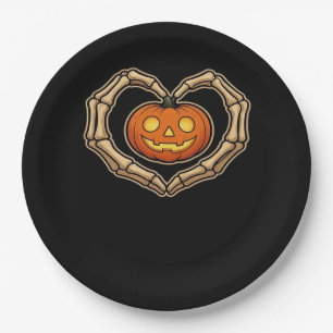 Skeleton Hands Heart With Pumpkin Cute Spooky Hall Paper Plate