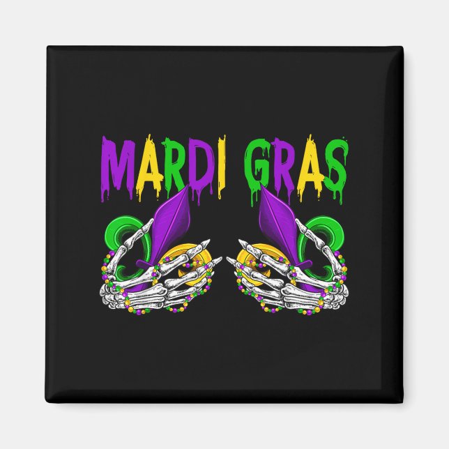Skeleton hands holding fleur de lis bra mardi gras magnet (Front)
