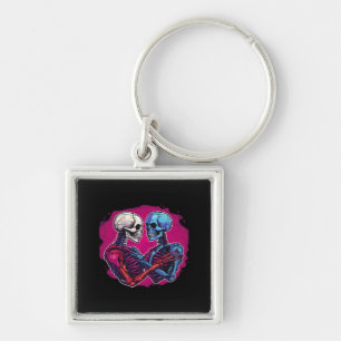 Skeleton Hands Holding Heart Retro Tattoo Style Keychain