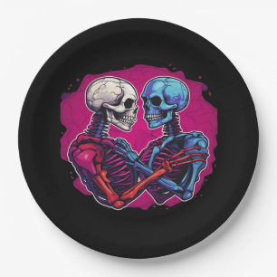 Skeleton Hands Holding Heart Retro Tattoo Style Paper Plate