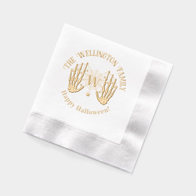 Skeleton Hands Spiderweb Ini Family Name Halloween Foil Napkins (Left)