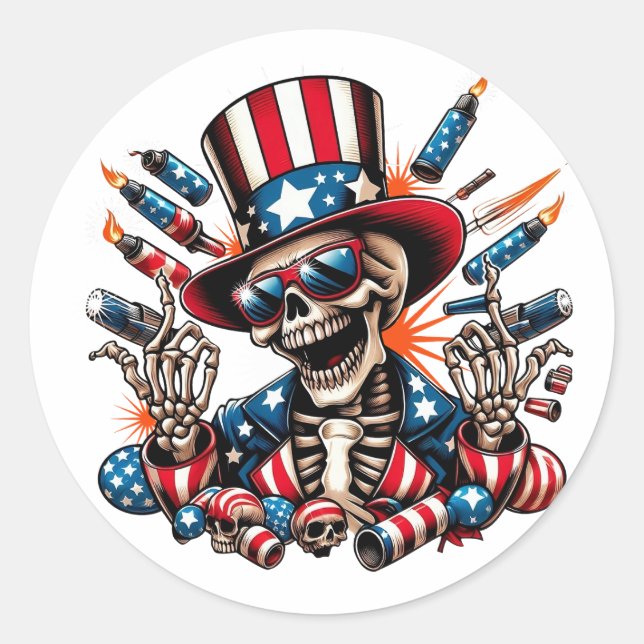 Skeleton Happy Fourth of July Classic Round Sticker (Front)