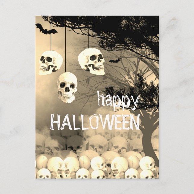 Skeleton Happy Halloween Cream Night With Skulls Holiday Postcard (Front)