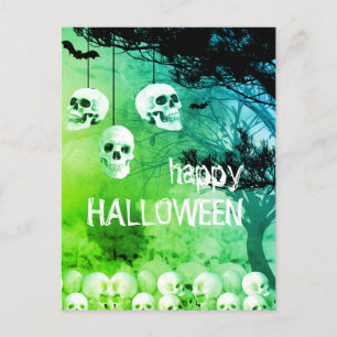 Skeleton Happy Halloween Green Night With Skulls Holiday Postcard