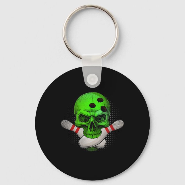 Skeleton Head Skull Bowling Ball And Pins Happy Ha Keychain (Front)
