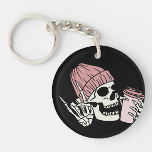 Skeleton Head with Cap and Drink on a Keychain