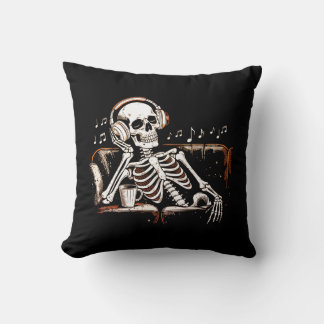 Skeleton Headphones Coffee Music Dark Aesthetic Throw Pillow