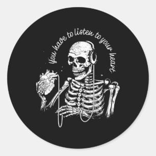 Skeleton Headphones Heart Gothic Music Halloween S Classic Round Sticker