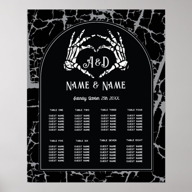 Skeleton Heart Hands 8 Table Plan Wedding Seating Poster (Front)