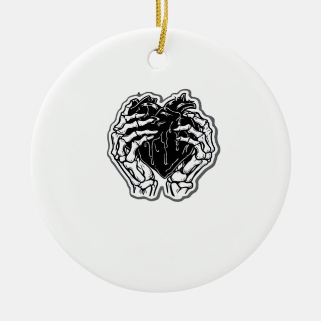 Skeleton Heart Hands Funny Ceramic Ornament (Front)