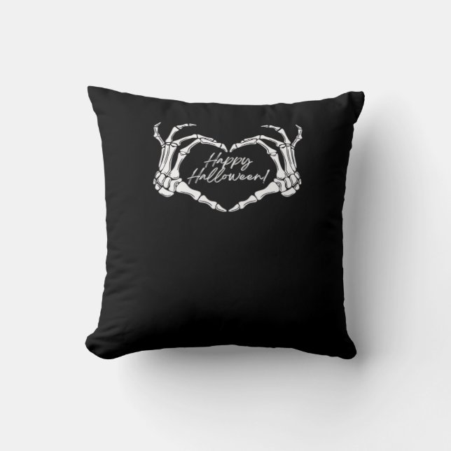 Skeleton Heart Hands, Happy Halloween Skeleton, Ha Throw Pillow (Front)