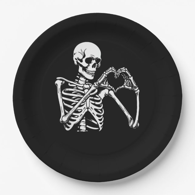 Skeleton Heart Hands Sign Halloween Costume Retro  Paper Plate (Front)