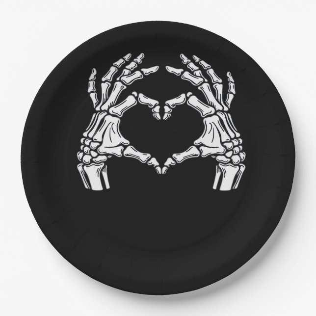 Skeleton Heart Hands Sign Halloween Costume Viral  Paper Plate (Front)