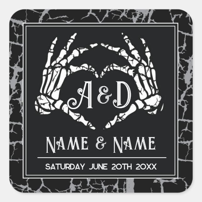 Skeleton Heart Hands Wedding Stickers Labels (Front)