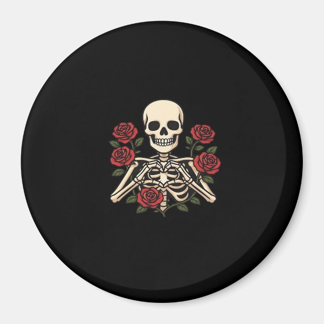 Skeleton Heart Hands With Red Roses – Romantic Got Magnet (Front)