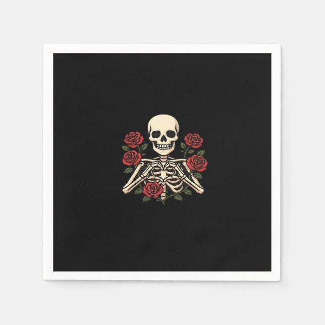 Skeleton Heart Hands With Red Roses – Romantic Got Napkin (Front)