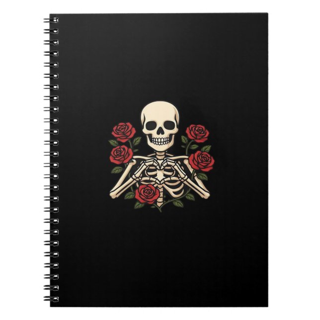 Skeleton Heart Hands With Red Roses – Romantic Got Notebook (Front)