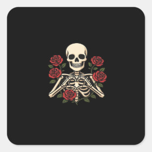 Skeleton Heart Hands With Red Roses – Romantic Got Square Sticker