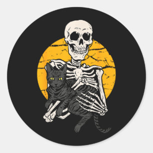 Skeleton Holding A Black Cat Funny Halloween Cat Classic Round Sticker