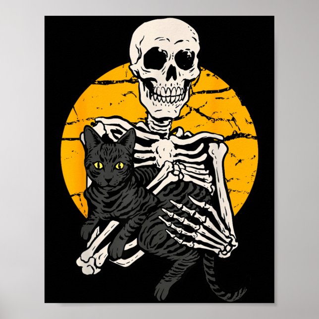 Skeleton Holding A Black Cat Funny Halloween Cat Poster (Front)