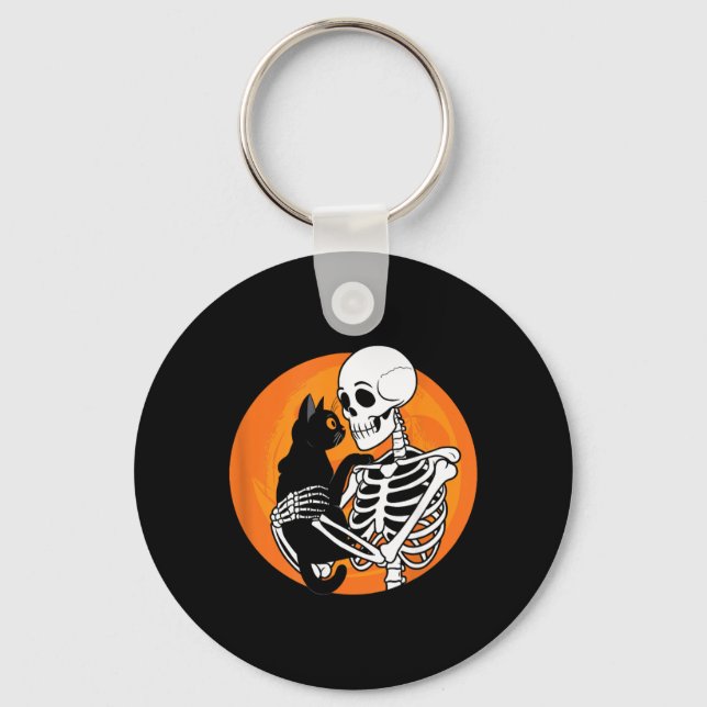 Skeleton Holding A Black Cute Cat - Skeleton Art Keychain (Front)
