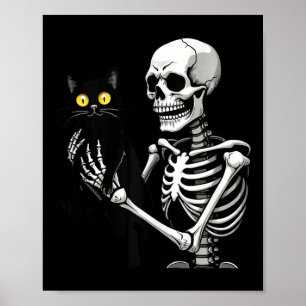 Skeleton Holding A Cat Cute Black Cat Halloween Co Poster
