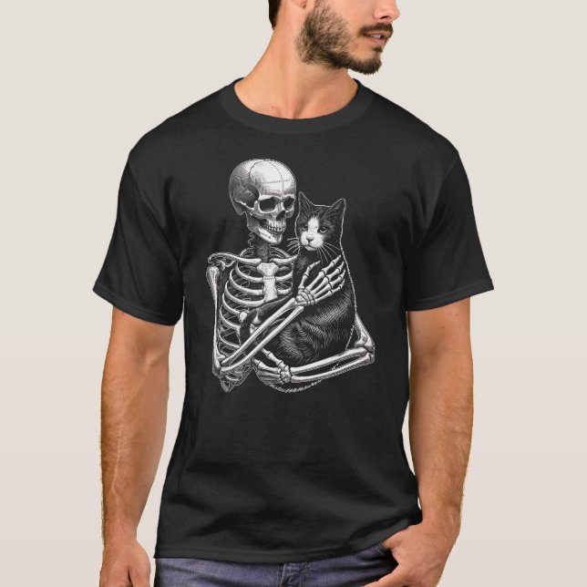 Skeleton Holding A Cat Funny Lazy Halloween Costum T-Shirt (Front)