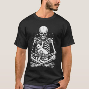 Skeleton Holding A Cat Lazy Halloween Costume Cat T-Shirt