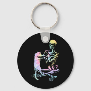 Skeleton Holding A Cat Lazy Halloween Costume Tie Keychain