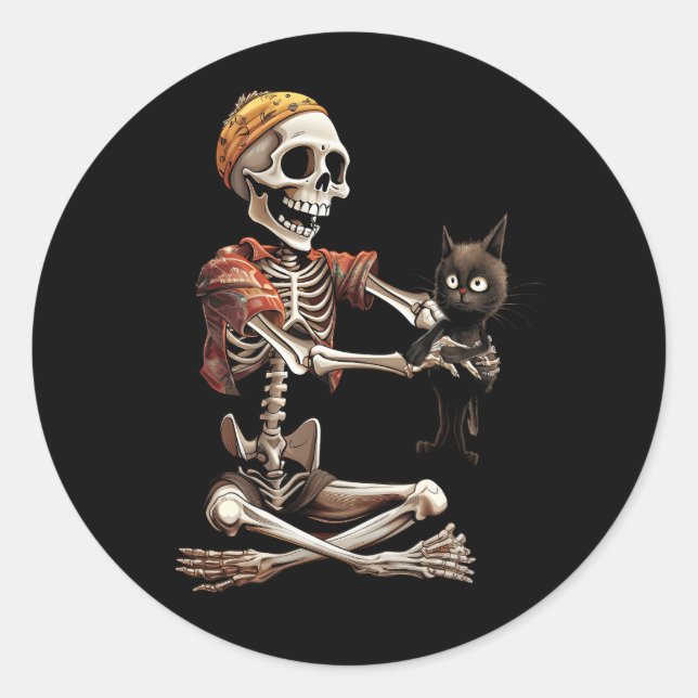 Skeleton Holding A Cat Lover Lazy Halloween Costum Classic Round Sticker (Front)