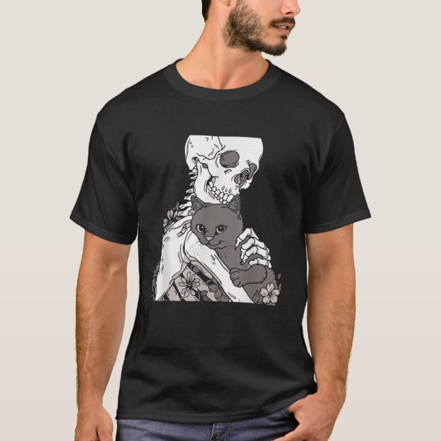 Skeleton Holding A Cat Shirt Lazy Halloween Costum (Front)