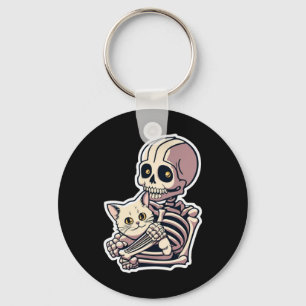 Skeleton Holding A Cat Shirt Lazy Halloween Costum Keychain