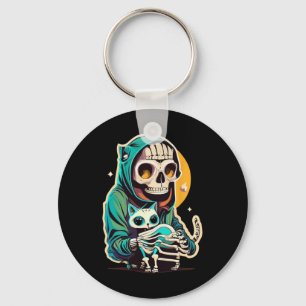 Skeleton Holding A Cat Shirt Lazy Halloween Costum Keychain