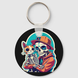 Skeleton Holding A Cat Shirt Lazy Halloween Costum Keychain