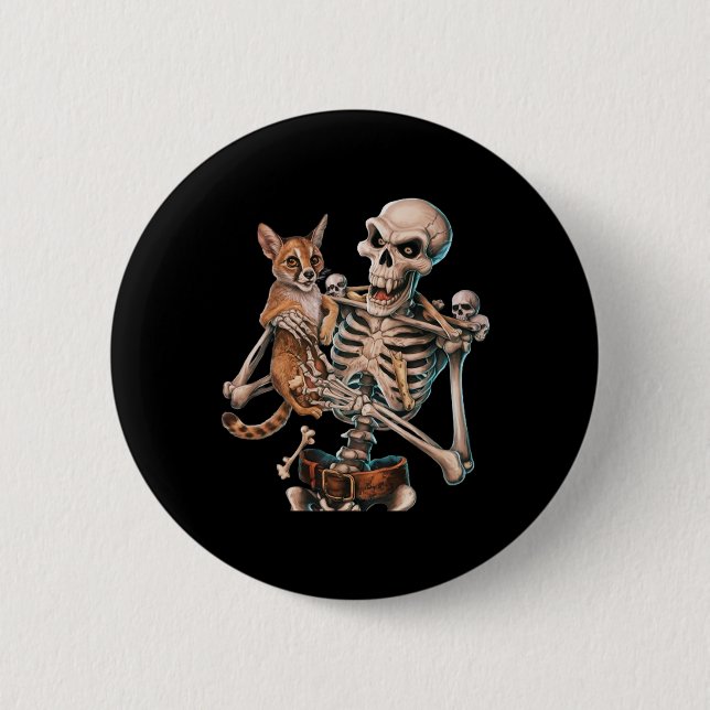 Skeleton Holding A Cat Skull Kitty Halloween Men W 2 Inch Round Button (Front)