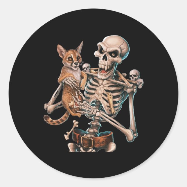 Skeleton Holding A Cat Skull Kitty Halloween Men W Classic Round Sticker (Front)