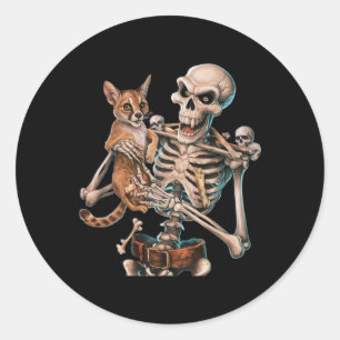Skeleton Holding A Cat Skull Kitty Halloween Men W Classic Round Sticker