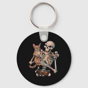 Skeleton Holding A Cat Skull Kitty Halloween Men W Keychain