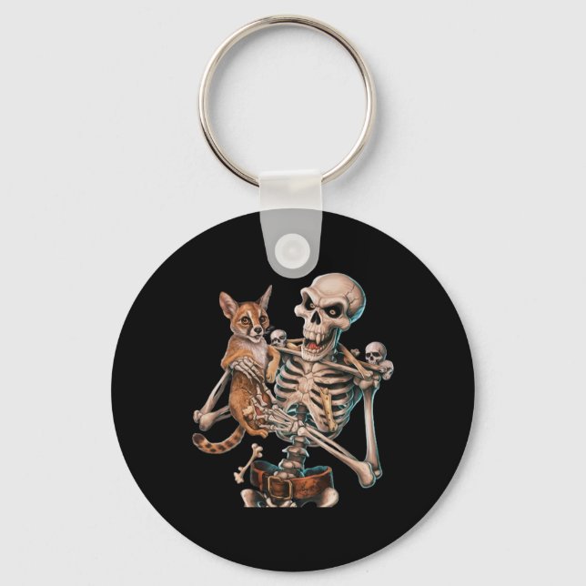 Skeleton Holding A Cat Skull Kitty Halloween Men W Keychain (Front)